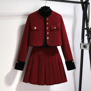 红色小香风套装女秋冬2024新款小个子显高时尚高级感小洋装两件套