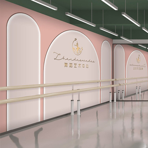3D瑜伽馆粉色墙布仿石膏线芭蕾舞蹈教室墙纸艺术壁画装修背景壁纸