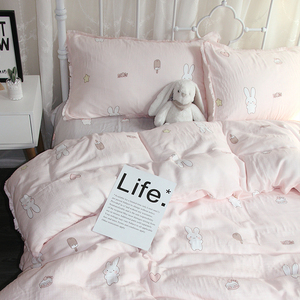 双层纱粉色兔子单件被套纯棉纱布儿童卡通被罩可爱床单枕套可订做