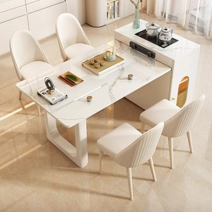 奶油风岛台餐桌可伸缩现代简约岩板书桌一体两用茶桌小户型家用