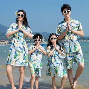 沙滩风亲子装夏装一家三口四口三亚旅游穿搭母女连衣裙海边套装