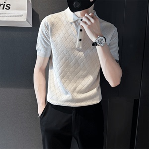 翻领POLO衫男夏季针织格子纯色短袖韩版潮流修身有领T恤上衣男装