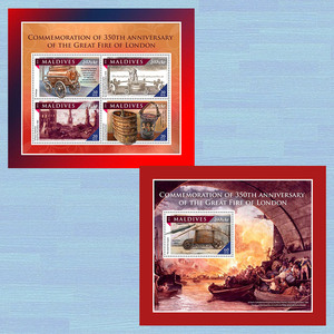 马尔代夫电影伦敦大火纪念早期消防车水泵圣保罗大教堂邮票2M全新