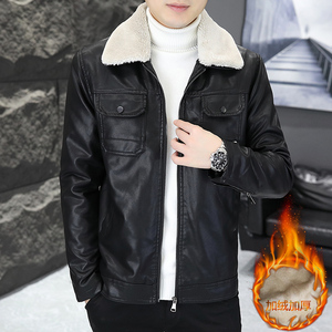 男士皮衣加绒加厚冬季2023韩版修身皮毛一体皮夹克带毛领外套短款