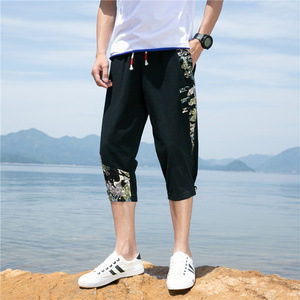 夏季男士薄款短裤时尚潮流沙滩中裤修身舒适透气棉麻中国风7分裤
