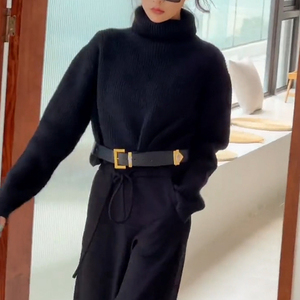 2024秋冬新款黑色高领毛衣女拼腰带设计小香风短款高级感针织上衣