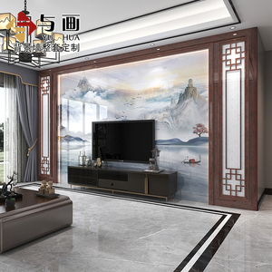新中式岩板客厅瓷砖电视墙大理石材造型边框影视墙装饰水墨山水画