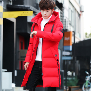 冬季红色棉衣男中长款韩版潮流修身连帽羽绒棉服男本命年加厚外套