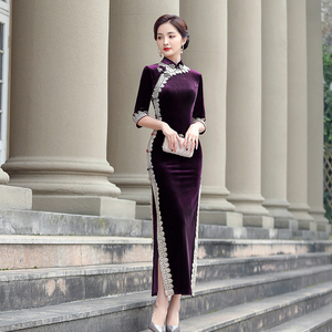 旗袍新款秋冬长款改良高端金丝绒紫色复古女妈妈气质优雅日常长袖