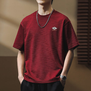 300g重磅竹节棉短袖T恤男2024夏季新款酒红色宽松美式圆领体恤男