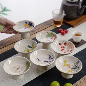 中式茶点盘简约家用陶瓷点心盘高足精致果盘喝茶糕点干果零食盘子