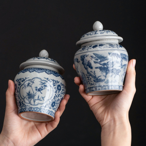 德化青花茶叶罐创意开窗竹韵小号密封防潮罐中式陶瓷存储储茶罐子