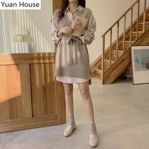 秋季洋气套装女韩版毛衣背心马甲+气质衬衫连衣裙减龄学生两件套
