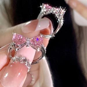 儿童戒指女小众设计粉色宝石水晶仿真钻石蝴蝶形时尚公主女童可调