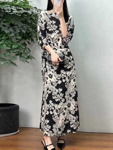 可可欧洲站24夏新款高级感真丝连衣裙复古印花圆领一片式系带裹裙