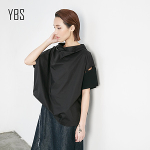YBS原创设计女装 春夏季新款显瘦个性上衣单袖镂空O型褶皱堆