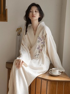 新中式复古纯色睡衣女春秋季新款居家睡袍中长款宽松日式绑带睡裙