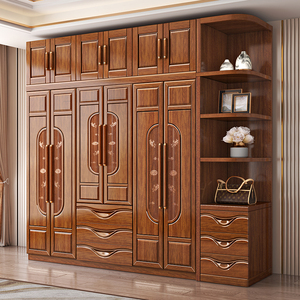 胡桃木实木衣柜家用卧室衣柜实木组合收纳储物柜子现代简约木衣橱