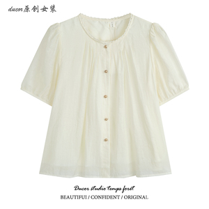 高级感花边圆领泡泡袖衬衫女夏季新款小个子简约雪纺减龄衬衣上衣