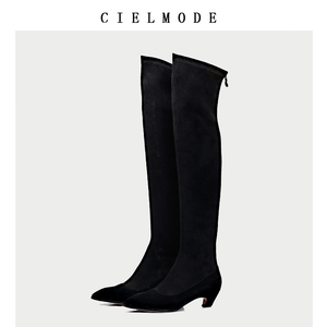 cielmode2020秋冬新款过膝长靴女磨砂欧美女靴尖头猫跟小跟弹力靴
