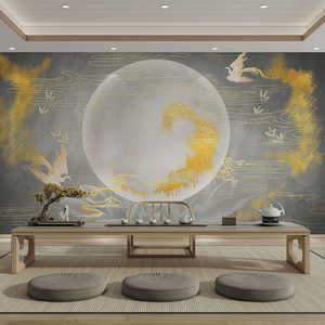 3d中式月亮仙鹤客厅沙发直播间背景墙壁布茶室壁纸餐厅剧本杀墙布