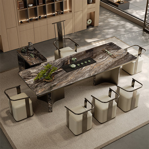 威尼斯棕奢石岩板茶台桌现代茶桌椅组合简约茶桌烧水壶一体时博
