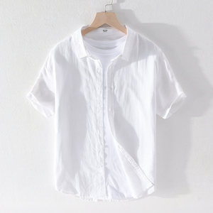 亚麻短袖衬衫男薄款宽松夏季外套韩版潮流半袖上衣棉麻料白色衬衣