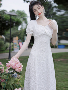 法式小清新漂亮气质白色连衣裙甜美超仙女海边度假沙滩长裙子夏季