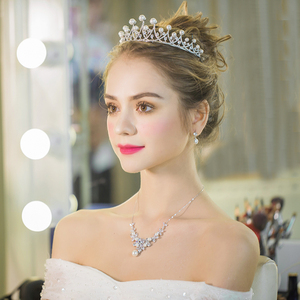 新娘头饰三件套装韩式结婚皇冠女十八岁生日锆石婚纱饰品人工珍珠