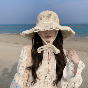 法式草帽沙滩帽女夏海边度假赫本风丝带编织太阳帽子遮阳折叠新款