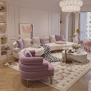 法式轻奢弧形布艺三人沙发奶油风现代简约法式小户型客厅家具组合