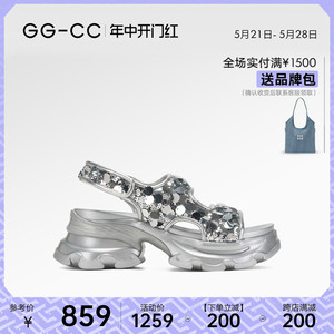 【米勒星球】GGCC2024夏季新款时尚珠片凉鞋银色厚底增高休闲女鞋