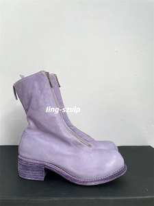 手工限定新款 guidi马皮靴PL2粉紫色水洗复古做旧马丁靴粗跟女鞋