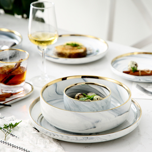 创意北欧餐具金边大理石纹陶瓷米饭碗家用菜盘牛排盘汤碗西餐盘子