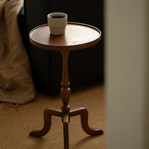 中古法式复古风实木小边几茶几圆几侘寂风沙发客厅角几置物小圆桌