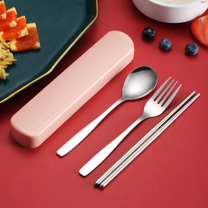 日式创意不锈钢便携式餐具盒三件套装学生可爱筷子盒长柄勺子叉子