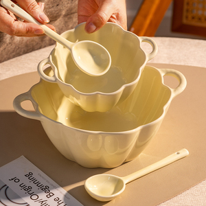 奶油色陶瓷碗大号双耳汤碗ins螺蛳粉泡面碗家用米饭碗汤面双耳碗