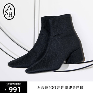 ASH女鞋新款KANDY编织粗跟低筒黑色时装靴弹力袜套靴瘦瘦