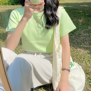 奶油绿色纯棉短袖T恤女2023夏季新款多巴胺彩色奶甜正肩半袖上衣