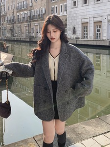 斑马灰色斜纹呢料毛呢大衣女冬季2023新款法式赫本风韩系高级感外