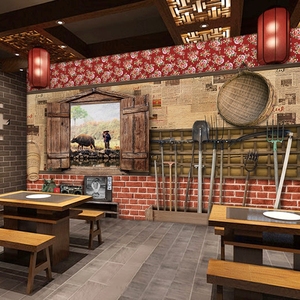 3D复古饭店餐厅装修壁纸仿古怀旧农家乐土菜馆墙纸土特产直播壁画