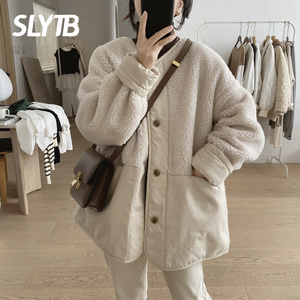 日本代购SLY TB秋冬拼接羊羔毛大口袋棉衣女士百搭显瘦两面穿外套