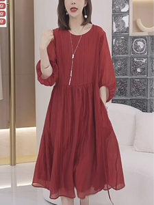 2024年新款夏季大码女装高贵优雅气质遮肚子显瘦宽松红色连衣裙子