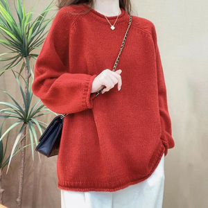 女士红色毛衣秋冬季2024新款时尚宽松大码洋气加厚套头针织衫上衣