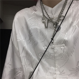 新中式龙纹盘扣刺绣春季中国风唐装白色衬衫外套衬衣短袖上衣男女