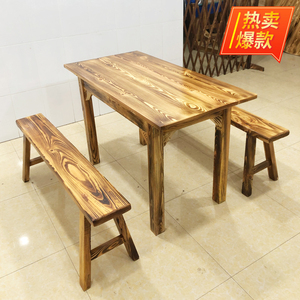 饭店桌椅组合快餐店小吃早餐面馆烧烤店餐馆长方形碳化实木凳桌子