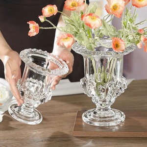 欧式浮雕水晶高脚玻璃透明花瓶加厚插花水养百合创意家居装饰摆件