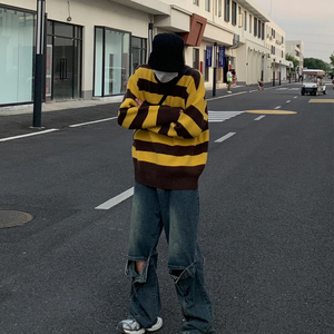 黄色条纹高领毛衣男春秋季新款美式街头长袖打底衫高级感针织外套
