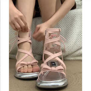 羊皮版~粉色罗马凉鞋女款2024年新款夏季厚底高帮编织高级感绝美