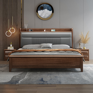 胡桃木实木床中式工厂直销床1.8米高端轻奢软包带储物主卧双人床